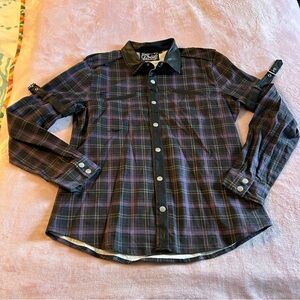 Killstar black purple tartan long sleeve button down size L pleather accents